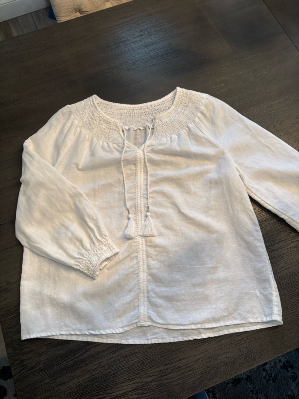 White Smocked Peasant Top with Tassel Tie, Size Medium